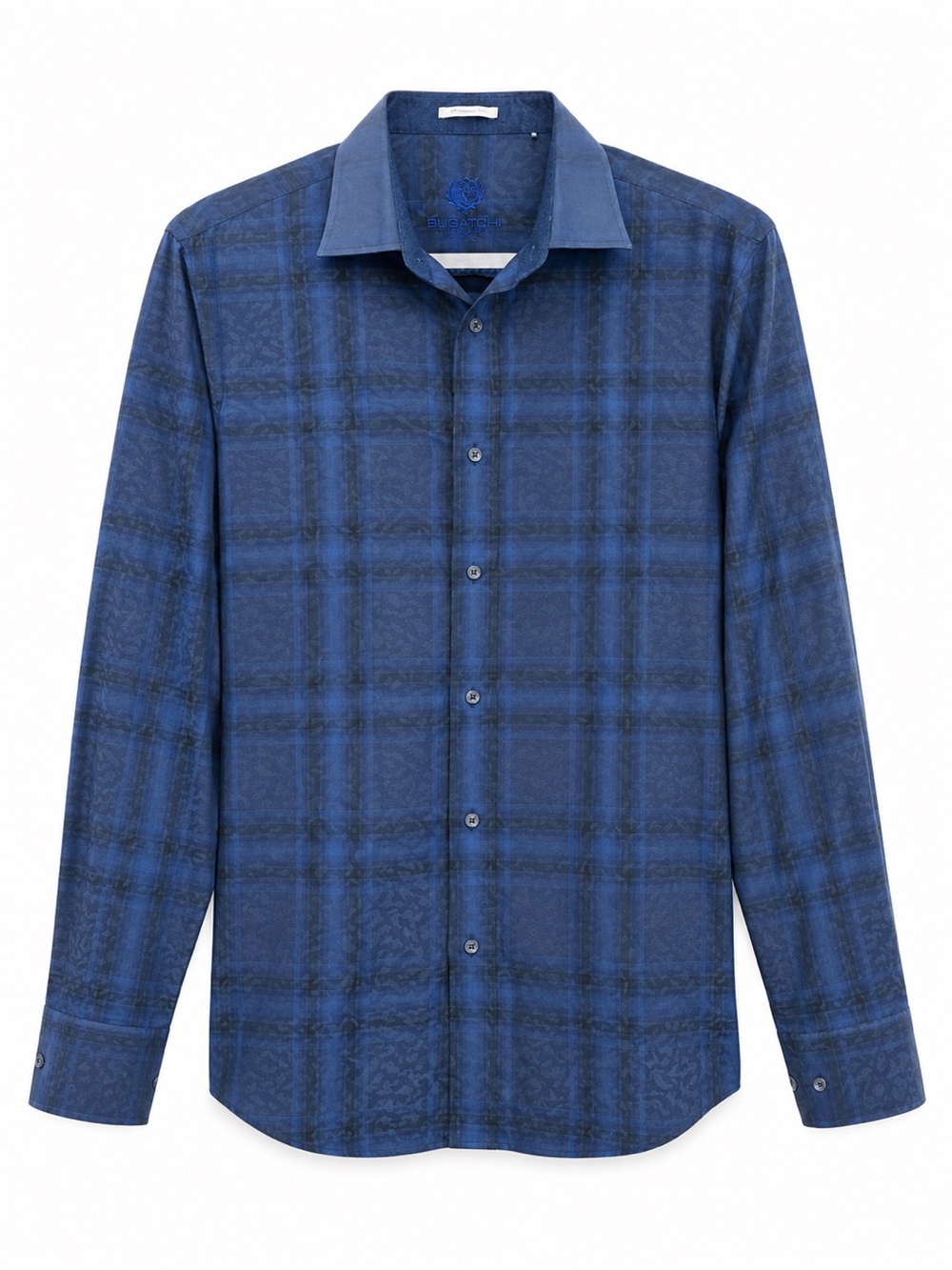 Bugatchi Uomo Men’s Blue Plaid Paisley Cotton Shirt Contrast‎ Cuff Luxury